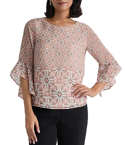Kasper Ruffle 3/4 Sleeve Printed Blouse