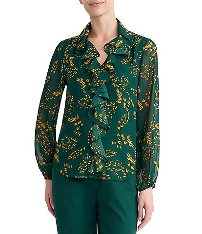 Kasper Ruffle Front Long Sleeve Blouse