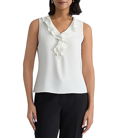 Kasper Ruffle Front V Neck Blouse