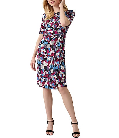 Kasper Abstract Print Short Sleeve Crew Neck Pleat Waist Sheath Dress