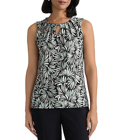 Kasper Sleeveless Printed Pleated Neck Blouse