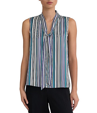Kasper Sleeveless Stripe Woven Tie Neck Blouse