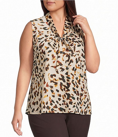 Kasper Sleeveless Tie Front Printed Satin Blouse