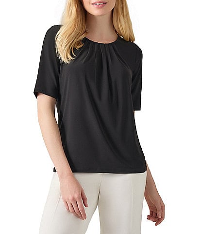 Kasper Solid Knit Elbow Sleeve Pleat Neck Top