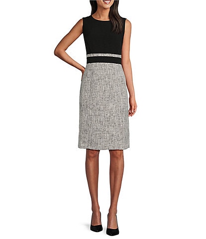 Kasper Stretch Crepe Crew Neck Sleeveless Tweed Sheath Dress