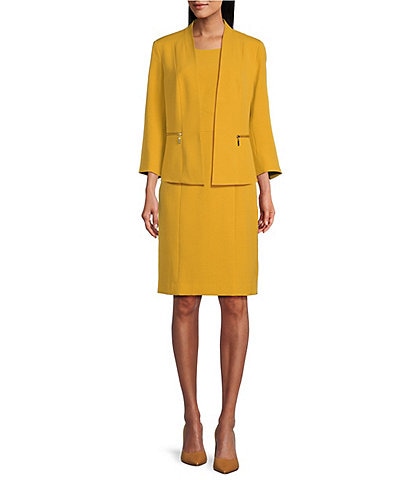 Kasper Stretch Crepe Zip Pocket Cardigan Jacket & Crepe Crew Neckline Sleeveless Sheath Dress