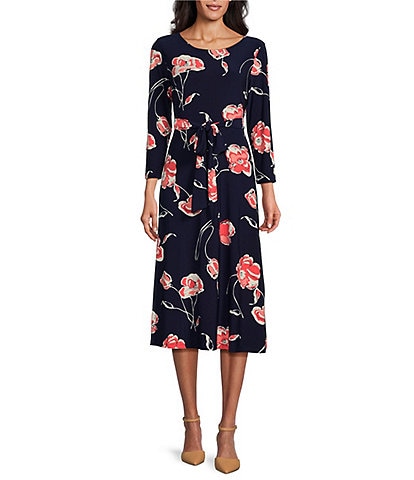 Kasper Stretch Woven Floral Print Scoop Neck 3/4 Sleeve Belted Fit & Flare Midi Dress