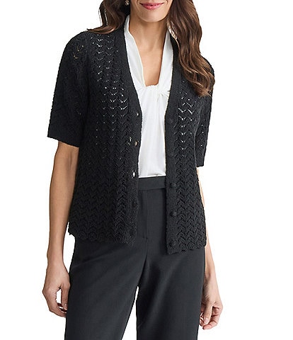 Kasper Textured Short Sleeve Button Front Cardigan