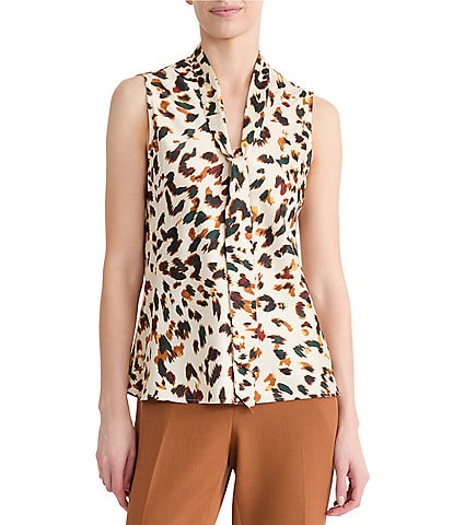 Kasper Tie Front Animal Satin Blouse