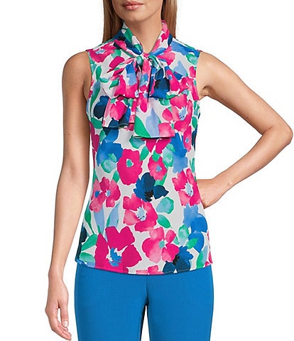 Kasper Tie Neck Sleeveless Floral Print Fitted Top