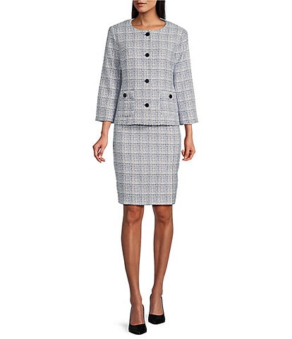 Nipon Boutique Tweed Button Front Patch Pocket Pencil Slit Jacket Skirt Set