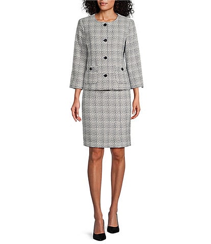 Nipon Boutique Tweed Button Front Patch Pocket Pencil Slit Jacket Skirt Set