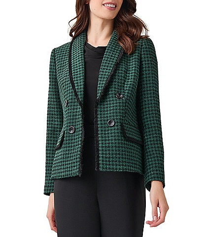 Kasper Tweed Fringe Shawl Collar Long Sleeve Faux Double-Breasted Blazer