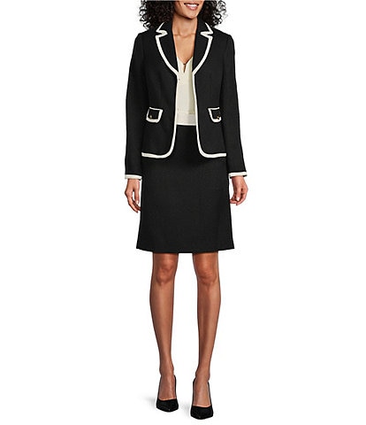 Nipon Boutique Tweed Notch Lapel Besom Pocket Zip Back A-Line Jacket Skirt Set