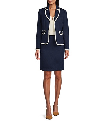Nipon Boutique Tweed Notch Lapel Besom Pocket Zip Back A-Line Jacket Skirt Set