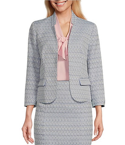 Kasper Tweed Woven Cut-Out Stand Collar Long Sleeve Flap Pocket Coordinating Jacket