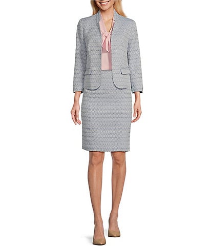 Kasper Tweed Woven Cut-Out Stand Collar Long Sleeve Jacket & Coordinating Pencil Skirt