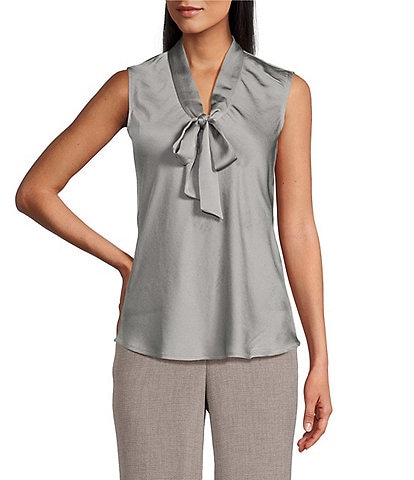 Kasper Woven V-Neck Sleeveless Tie Front Blouse