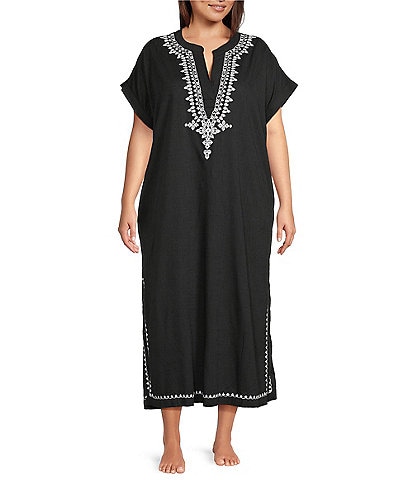 Kate Landry by Landry Plus Size Embroidered Trim Short Sleeve Split V-Neck Woven Caftan