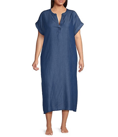 Kate Landry by Landry Plus Size Solid Chambray Short Sleeve Split V-Neck Woven Caftan