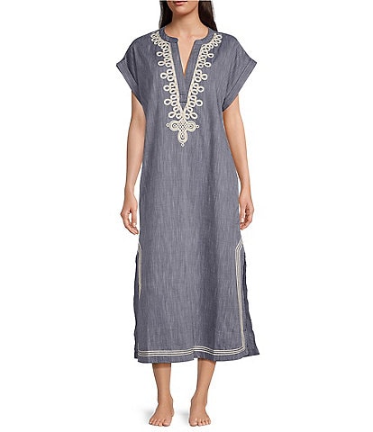 Kate Landry Cording Embroidered Trim Short Sleeve Split V-Neck Woven Caftan