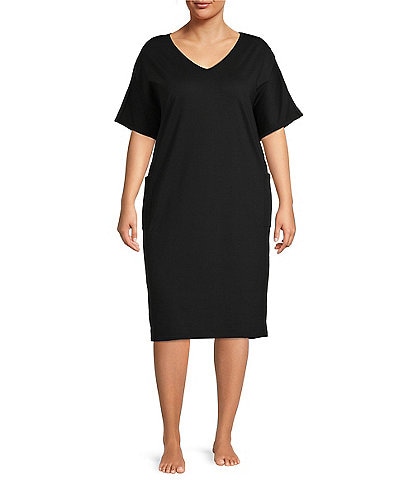 Kate Landry Plus Size Solid V-Neck Short Dolman Sleeve Knit Midi Lounge Dress