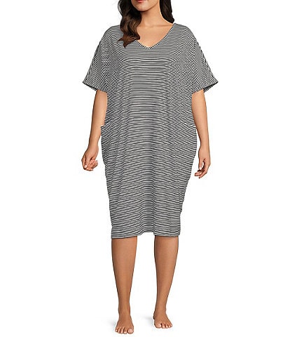 Landry Plus Size Stripe Print Solid V-Neck Sleeve Midi Lounge Dress