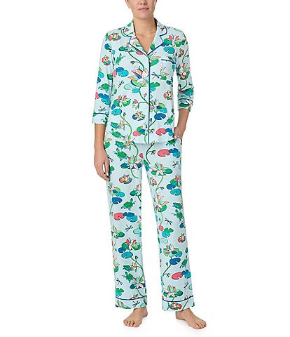 kate spade new york 3/4 Sleeve Notch Collar Long Knit Waterlily Print Pajama Set