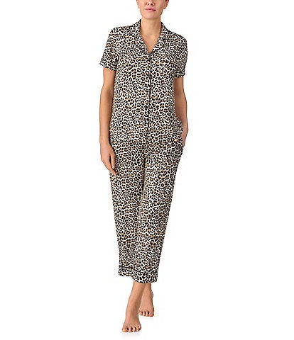 kate spade new york Animal Print Short Sleeve Notch Collar Button-Front Knit Cropped Pajama Set