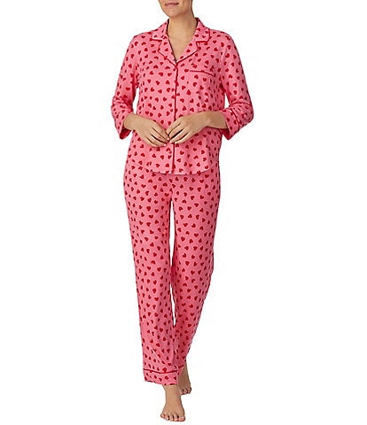 kate spade new york Brushed Cozy Jersey Heart Print 3/4 Sleeve Notch Collar Full Length Pajama Set