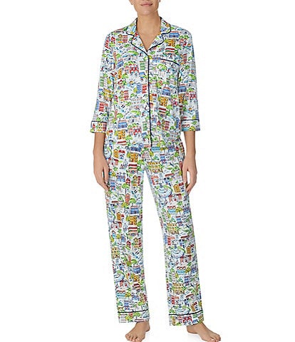 kate spade new york Brushed Jersey Charleston Streets 3/4 Sleeve Notch Collar Coordinating Pajama Set