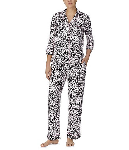 kate spade new york Brushed Jersey Ikat Leopard Print 3/4 Sleeve Notch Collar Coordinating Pajama Set