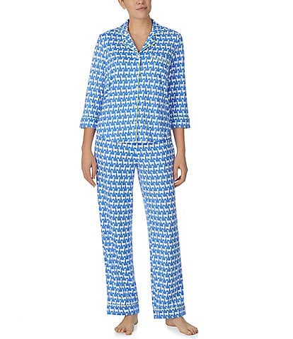 Carole Hochman Petite Size Rose Print 3/4 Sleeve Notch Collar Coordinating  Jersey Knit Pajama Set