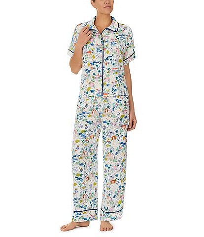 kate spade new york Coastal Vacation Short Sleeve Notch Collar Long Satin Pajama Set