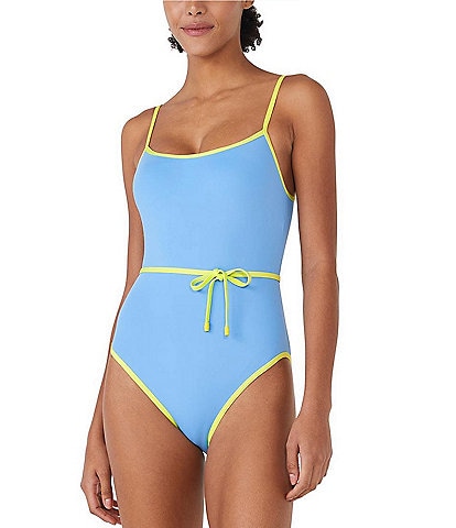 kate spade new york Color Block Square Neck Belted One Piece Swimsuit