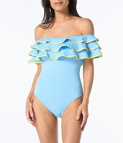 kate spade new york Contrast Solid Off-the-Shoulder Ruffle Bandeau One Piece Swimsuit