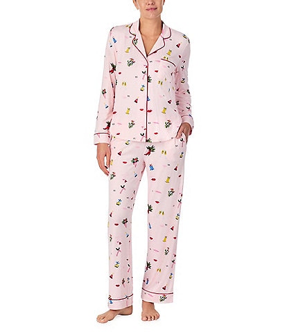 kate spade new york Cozy Jersey Mistletoe Print Long Sleeve Notch Collar Holiday Pajama Set