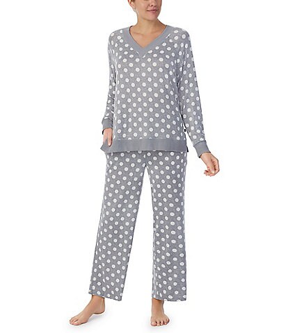 kate spade new york Dot Print Long Sleeve V-Neck Coordinating Brushed Sweater Knit Pajama Set