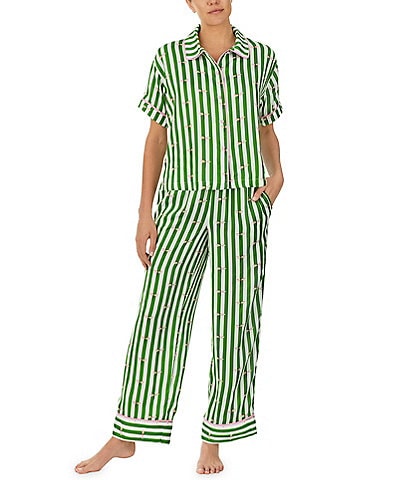 kate spade new york Dragonfly Striped Print Short Sleeve Button Front Collar Long Satin Pajama Set