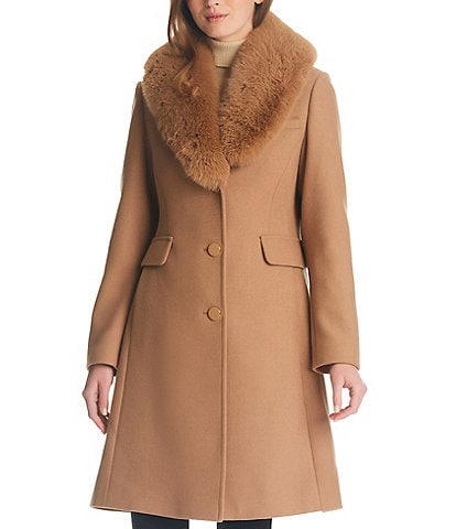 kate spade new york Faux Fur Shawl Collar Wool Fit and Flare Single Breasted Coat