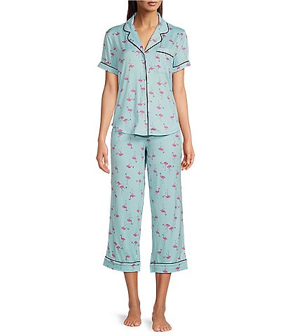 kate spade new york Flamingo Print Notch Collar Short Sleeve Knit Cropped Pajama Set
