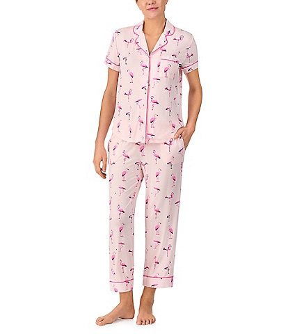 kate spade new york Flamingo Print Short Sleeve Notch Collar Knit Cropped Pajama Set