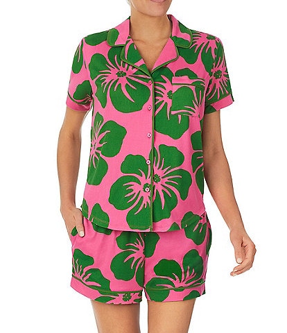 kate spade new york Hibiscus Floral Print Short Sleeve Notch Collar Jersey Knit Shorty Pajama Set