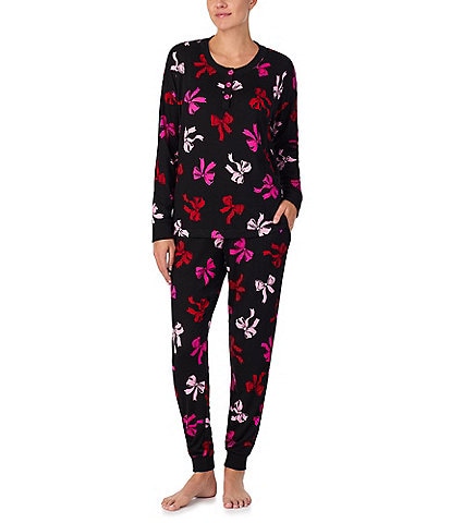 kate spade new york Long Sleeve Henley & Jogger Sweater Knit Bow Print Holiday Pajama Set