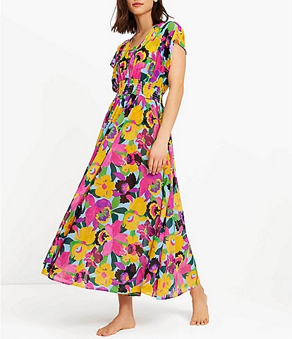 kate spade new york Mesh Orchid Floral V-Neck Open Back Maxi Dress Swim Cover-Up