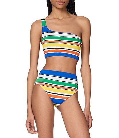 kate spade new york Ocean Stripe One Shoulder Crop Bandeau Swim Top & Reversible High Waist Swim Bottom