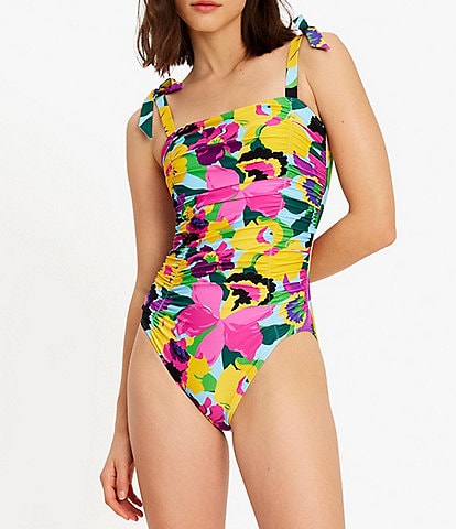 kate spade new york Orchid Floral Square Neck Tie Bow Shirred One Piece Swimsuit