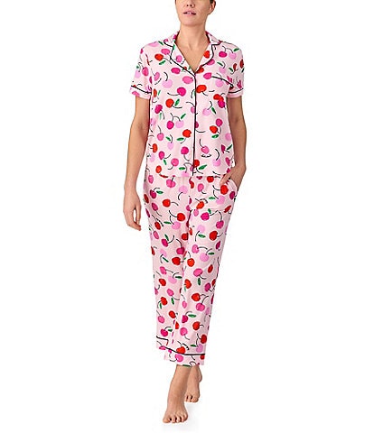 kate spade new york Painterly Cherries Short Sleeve Notch Collar Button-Front Knit Cropped Pajama Set