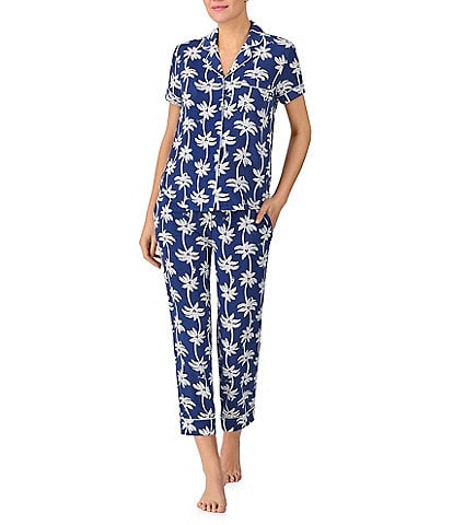 kate spade new york Palm Trees Printed Short Sleeve Notch Collar Knit Cropped Pajama Set