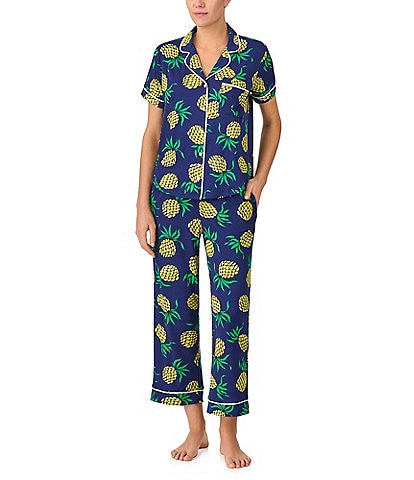 kate spade new york Pineapple Toss Short Sleeve Notch Collar Button-Front Knit Cropped Pajama Set